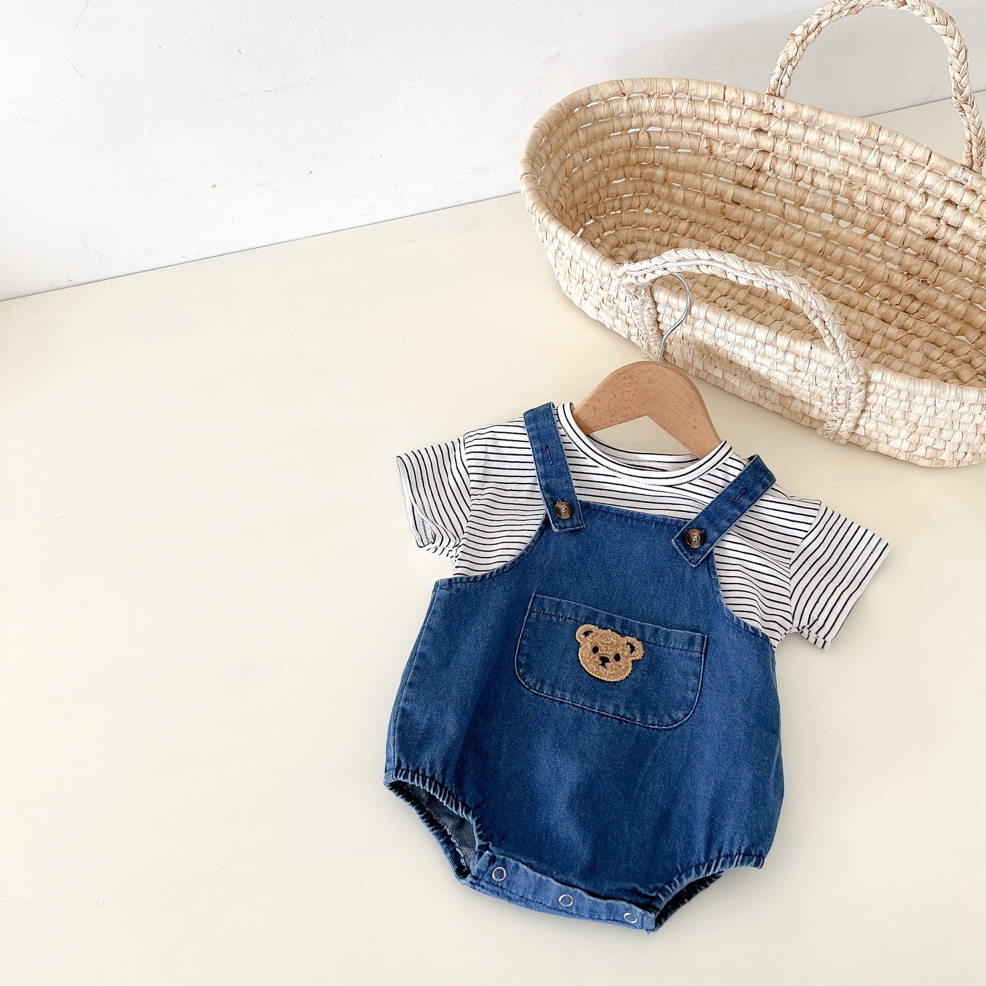 Denim Bear Romper & Striped T-Shirt Set
