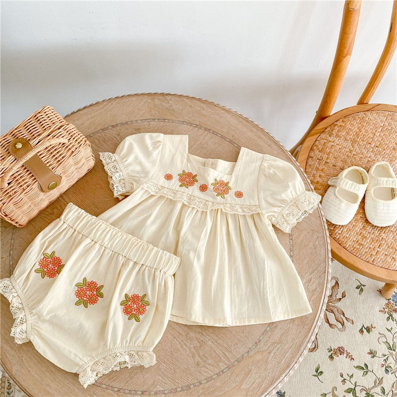 Vintage Embroidery Floral Dress And Shorts