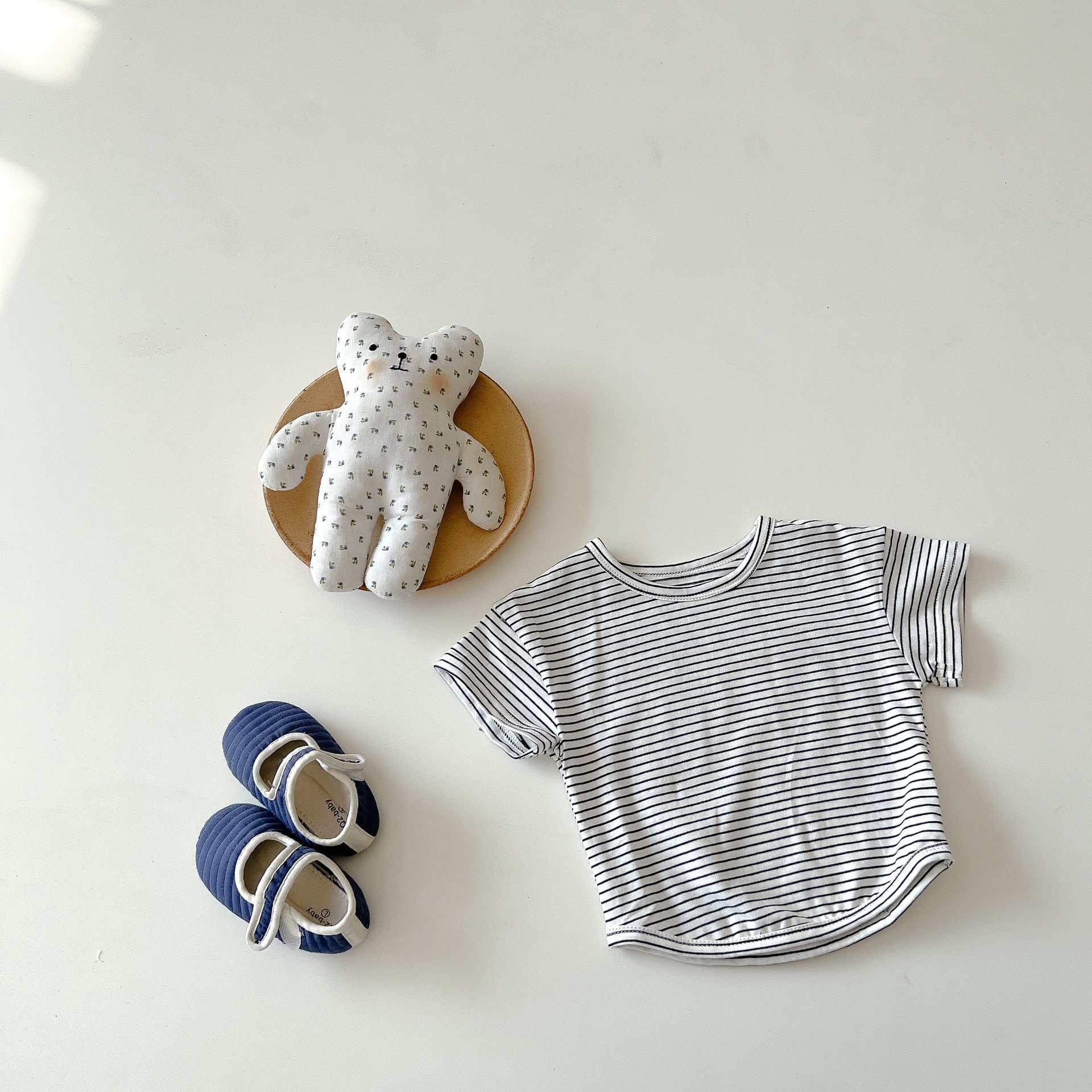 Denim Bear Romper & Striped T-Shirt Set