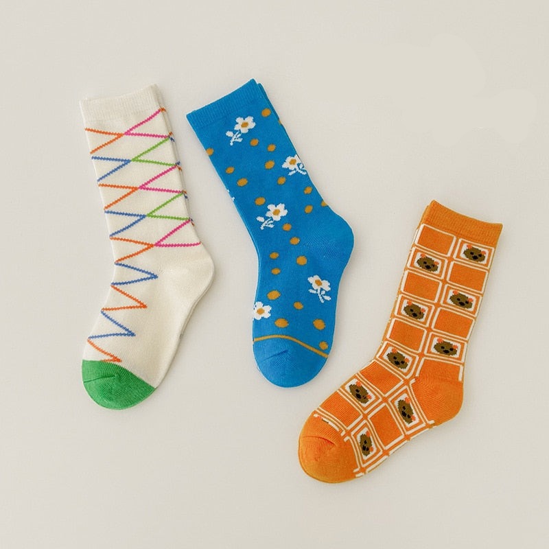 3 Pairs Wave Dot Lattice Colorful Socks