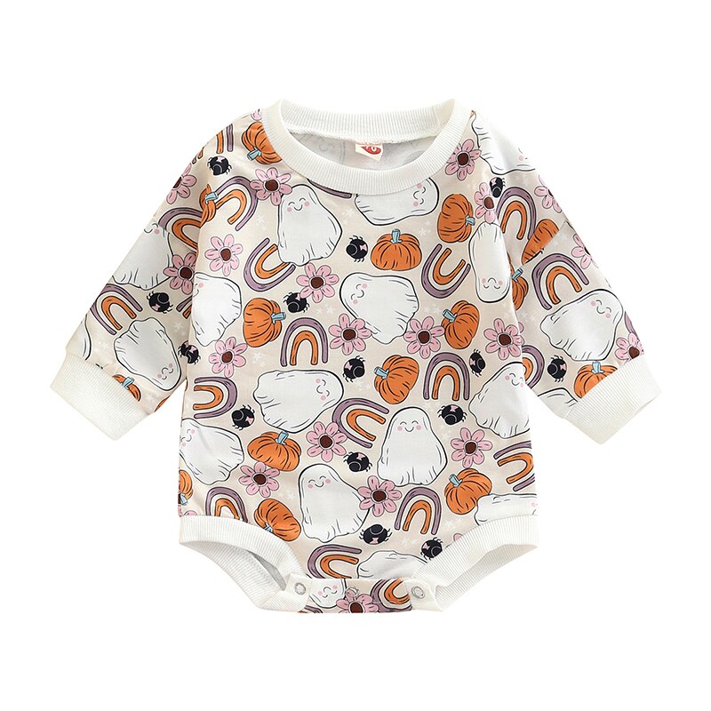 Flowers/Pumpkin/Ghost Printed Sweatshirt Romper