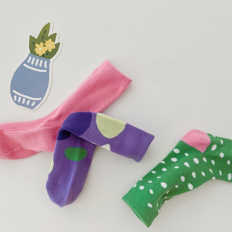3 Pairs Wave Dot Lattice Colorful Socks