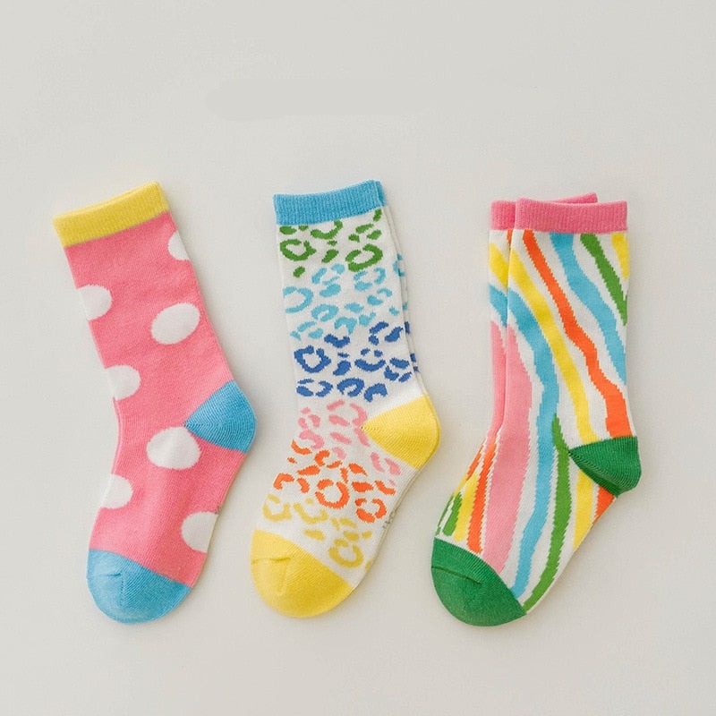 3 Pairs Wave Dot Lattice Colorful Socks