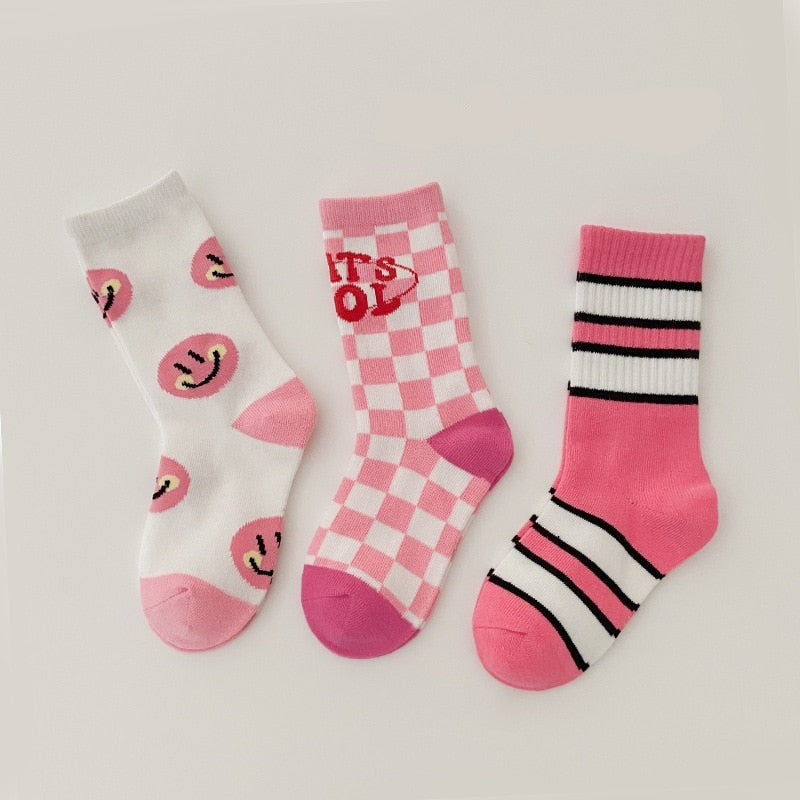 3 Pairs Wave Dot Lattice Colorful Socks