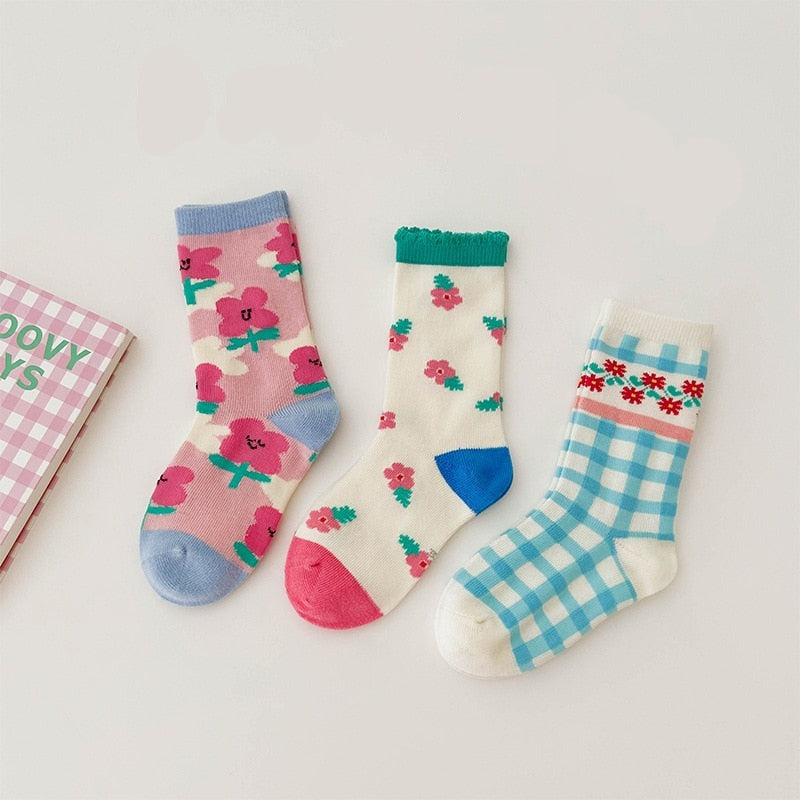 3 Pairs Wave Dot Lattice Colorful Socks