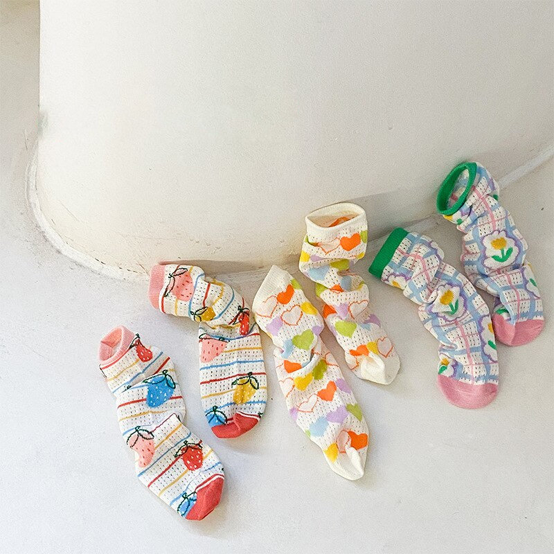 3 Pairs Candy Colors Broken Flower Socks