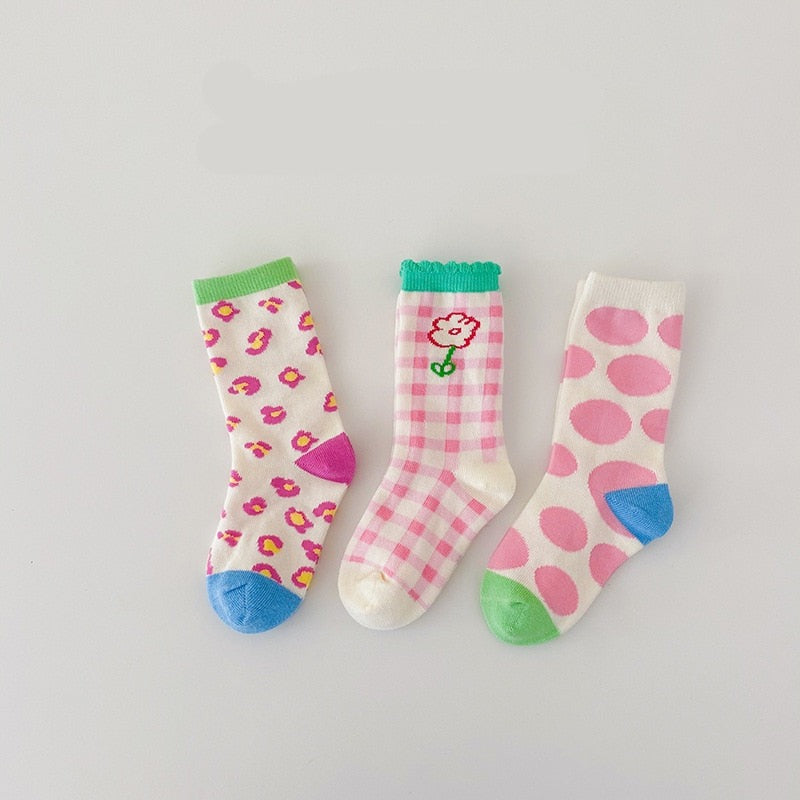 3 Pairs Wave Dot Lattice Colorful Socks
