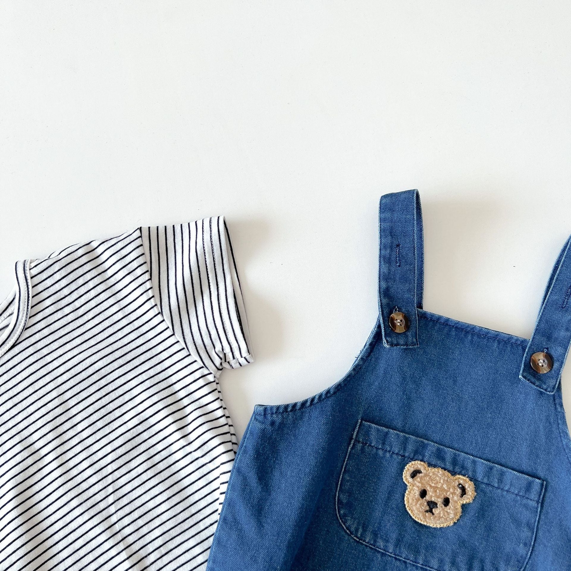 Denim Bear Romper & Striped T-Shirt Set