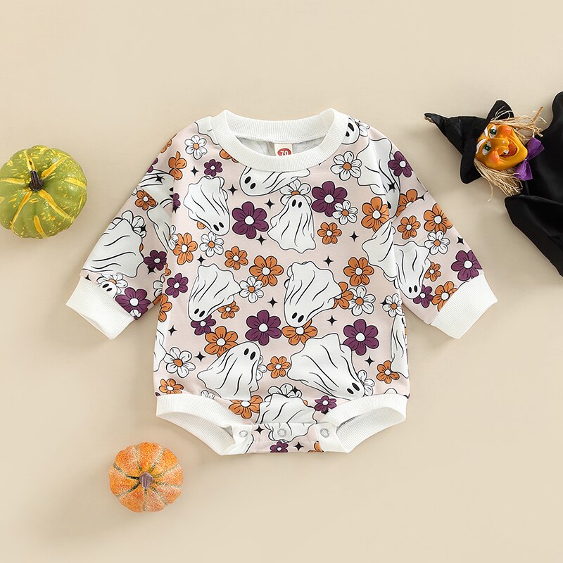 Flowers/Pumpkin/Ghost Printed Sweatshirt Romper