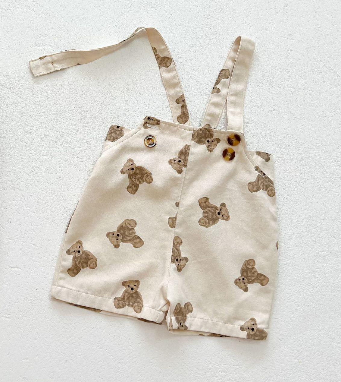 Bear/Dot Print Short Sleeve Overall & T-Shirt Set