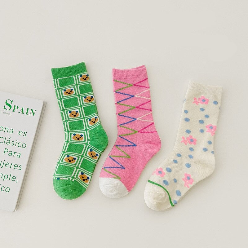 3 Pairs Wave Dot Lattice Colorful Socks