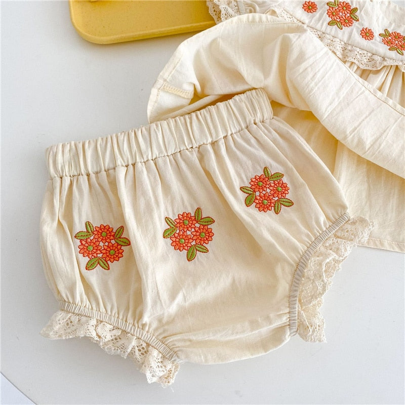 Vintage Embroidery Floral Dress And Shorts