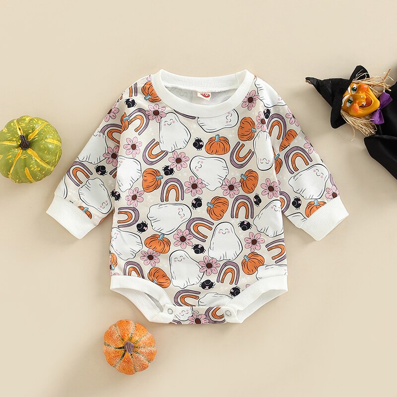Flowers/Pumpkin/Ghost Printed Sweatshirt Romper