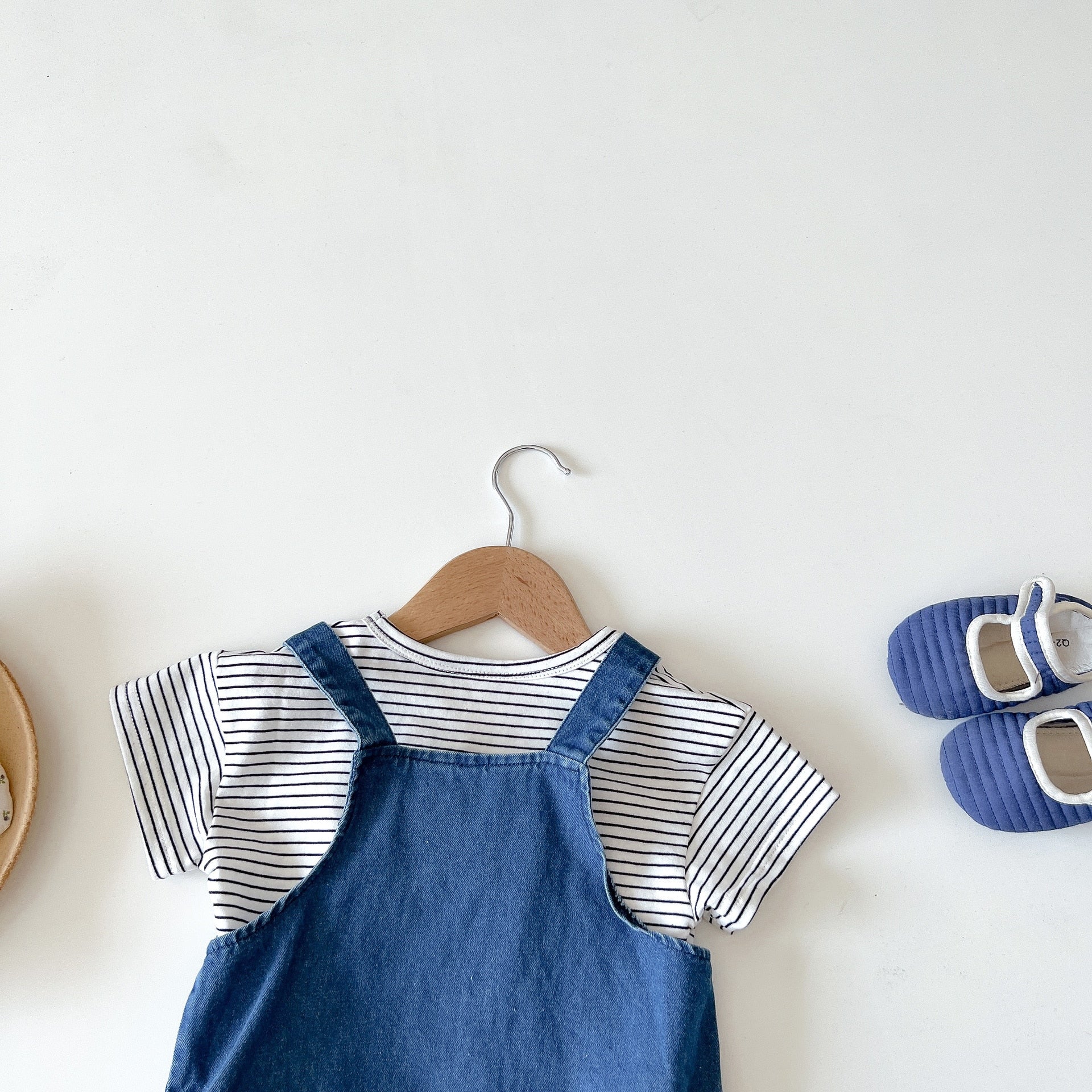 Denim Bear Romper & Striped T-Shirt Set