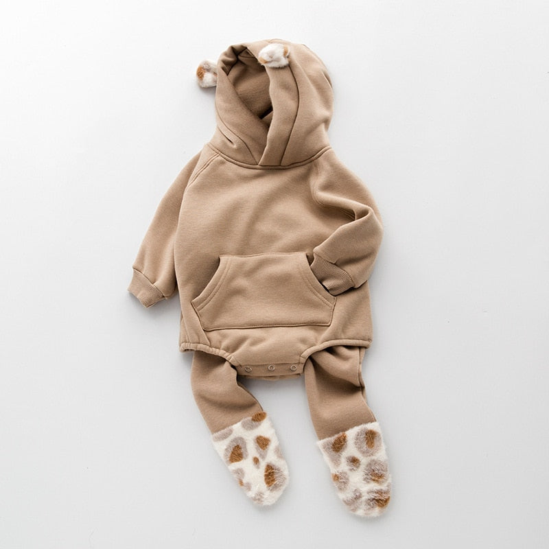 Brown hooded bear ears bodysuit and leggings outfit