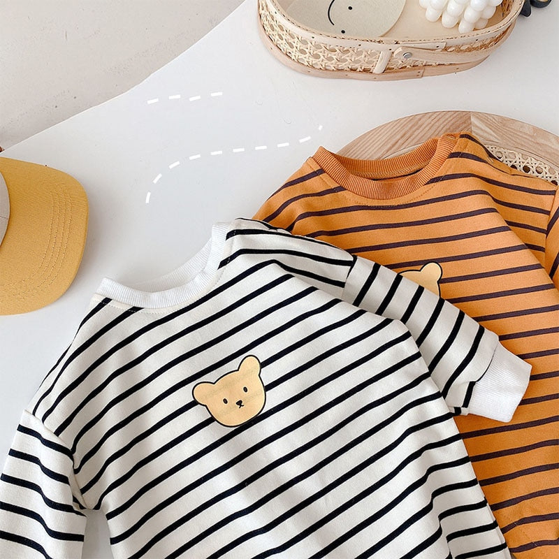 Bear face appliqué on striped baby jumpsuits