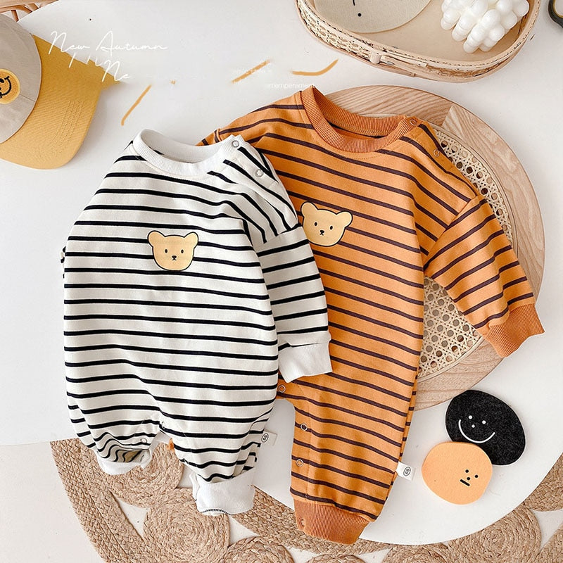 Baby bear striped jumpsuits in black and white and orange