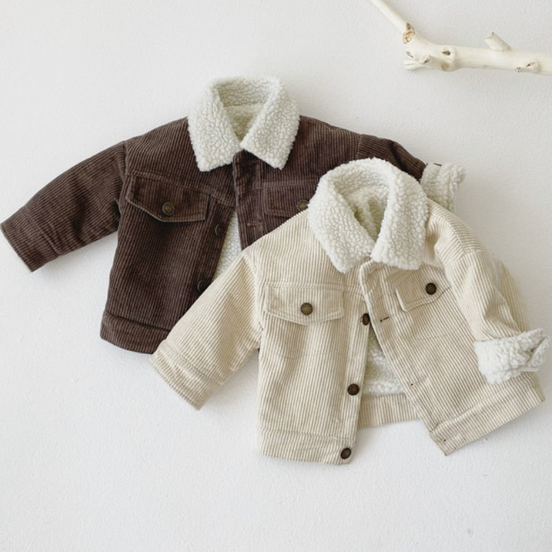 Brown and white baby corduroy jackets with sherpa collars