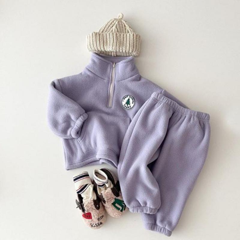 Purple polar fleece baby pullover and pants set with beanie