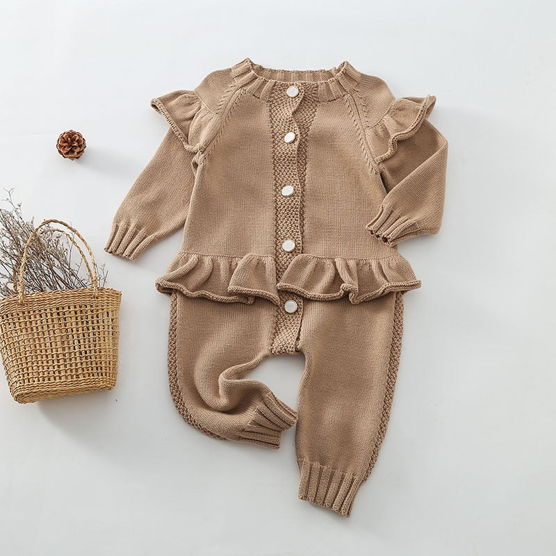 Light brown knitted ruffle baby jumpsuit