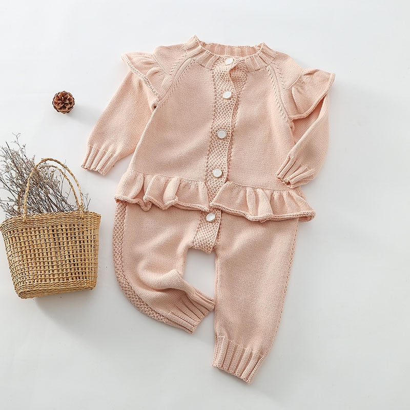 Pink knitted ruffle baby jumpsuit