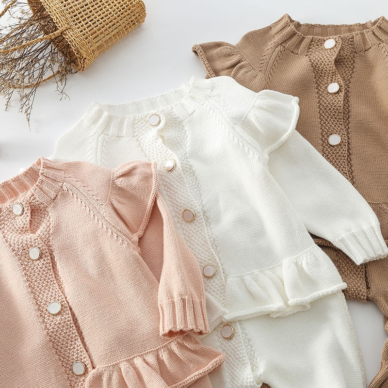 Pink, white and brown knitted ruffle baby jumpsuits