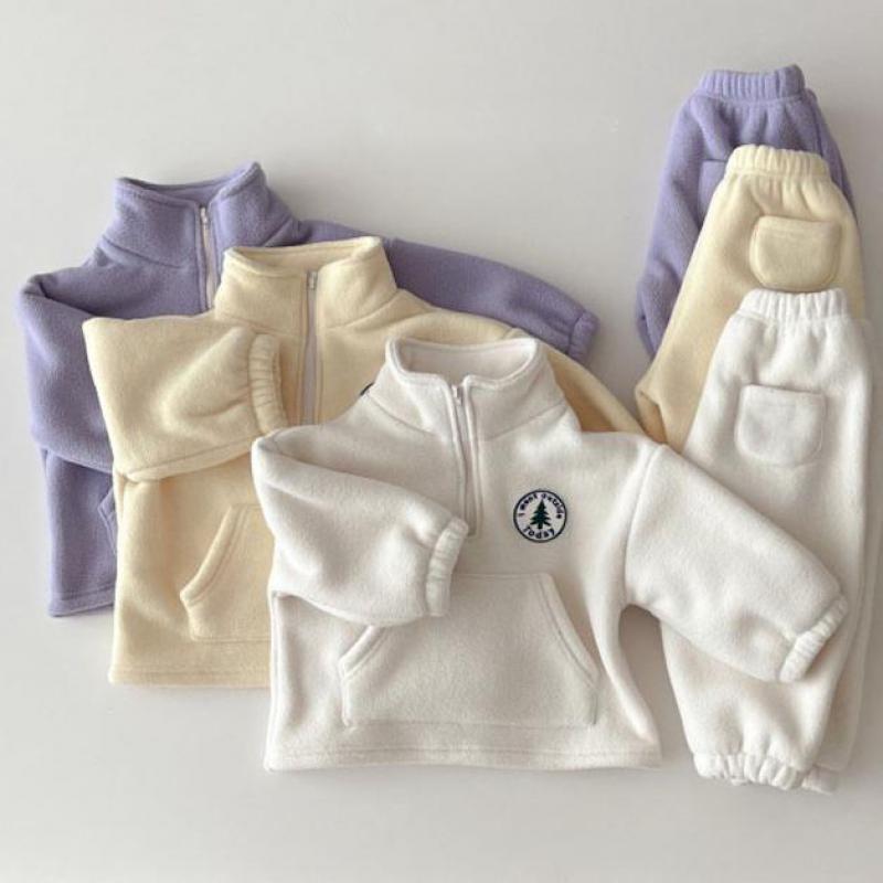 Baby polar fleece pullover and pants sets in purple, beige and white