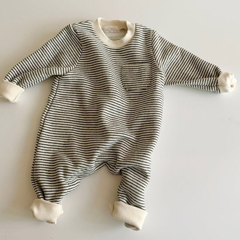 Black fine stripe long sleeve baby romper with pocket