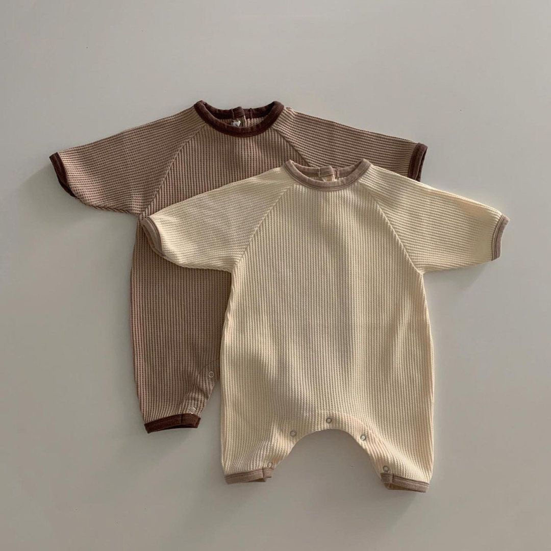Beige and auburn waffle knit long sleeve baby rompers