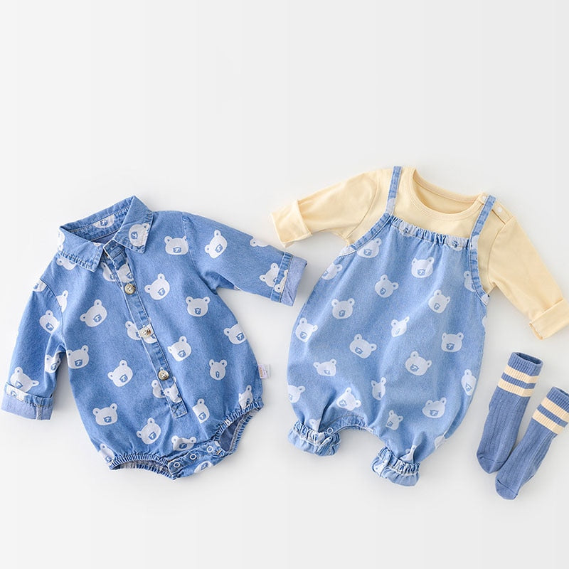 Bear print denim bodysuit and overalls with socks
