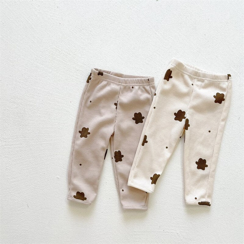 White and khaki bear print waffle pants
