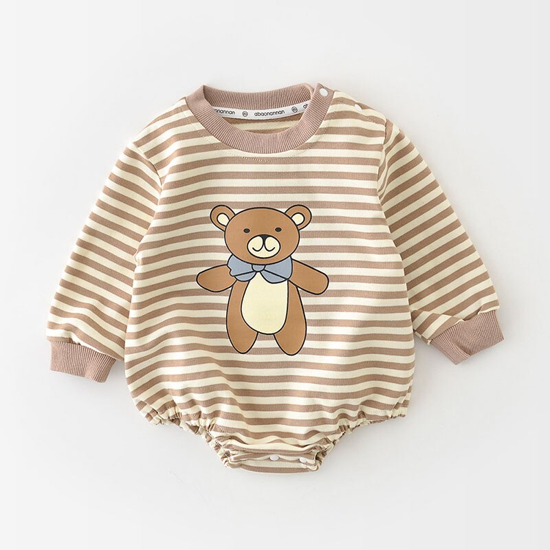 Beige striped bear romper on white background