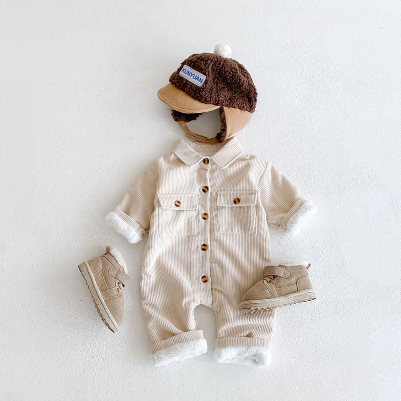 Beige corduroy sherpa-lined jumpsuit with cap and shoes