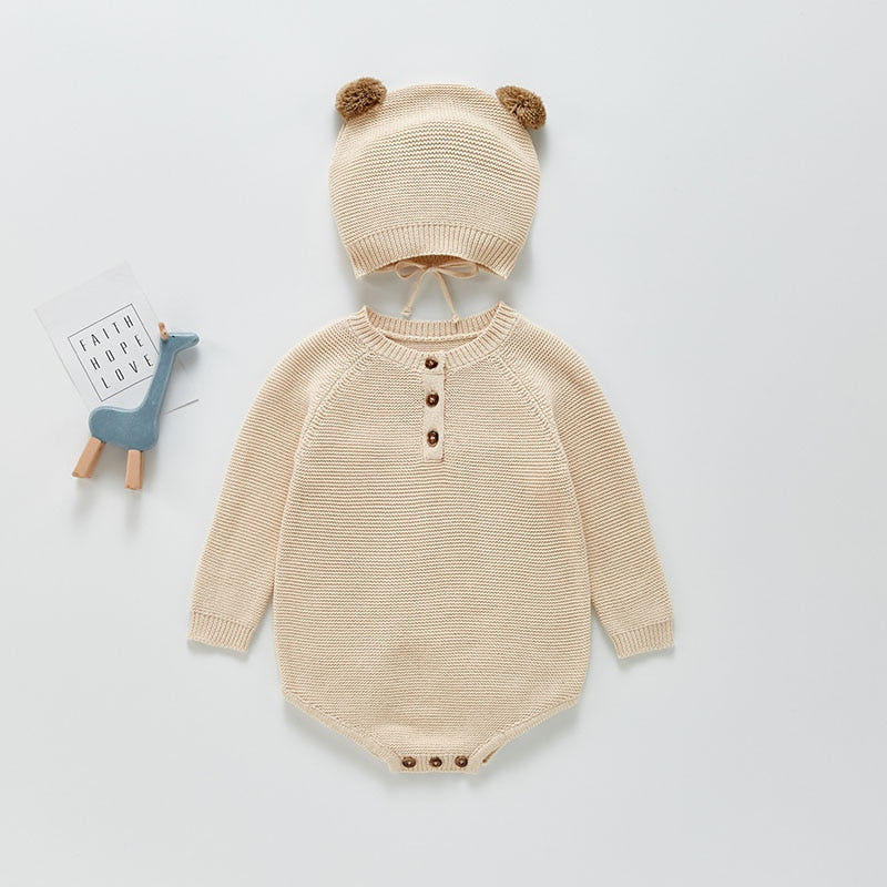 Beige knit bodysuit with bear ears hat