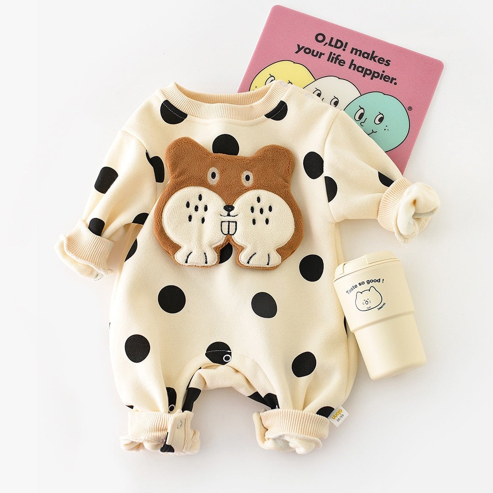 Beige polka dot romper with 3D bear face