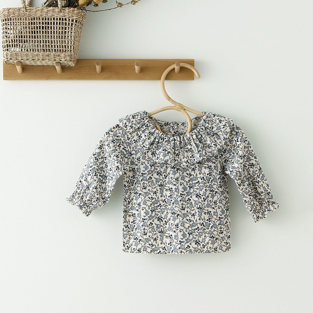 Blue floral ruffle collar long sleeve shirt