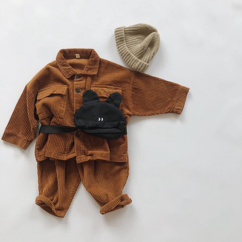 Brown corduroy jacket outfit with beanie