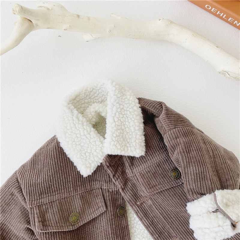 Close-up of brown corduroy jacket sherpa collar