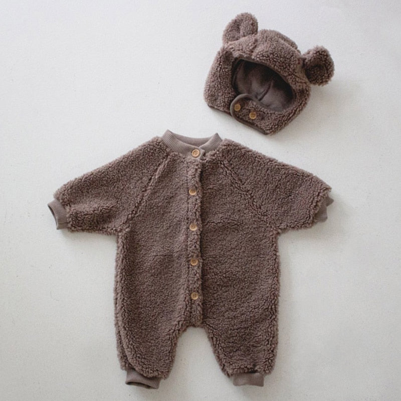 Brown teddy fleece romper with bear hat