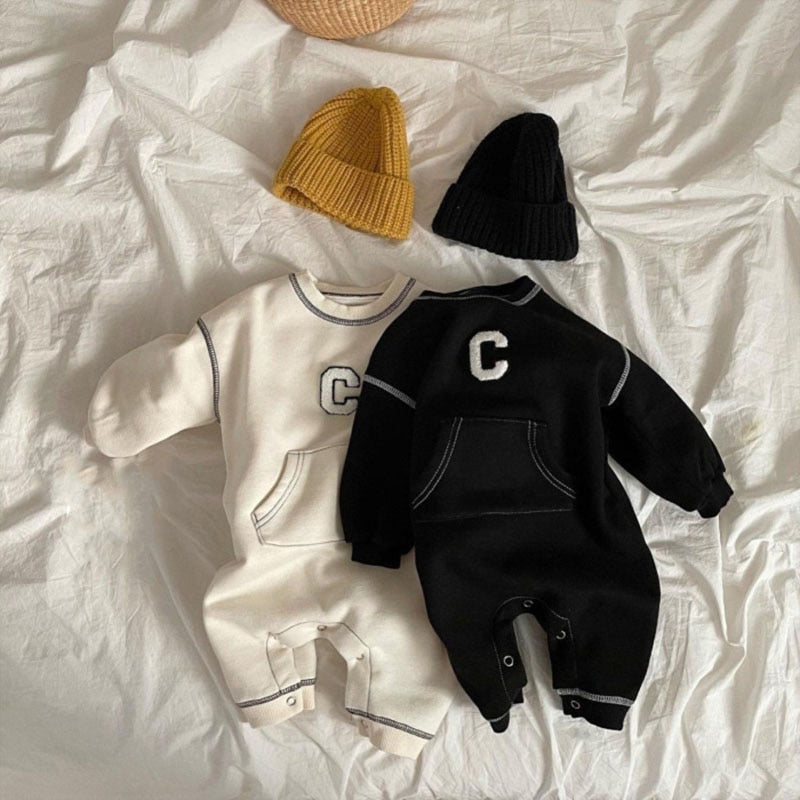 Black and white C letter sweatshirt jumpsuits with hats