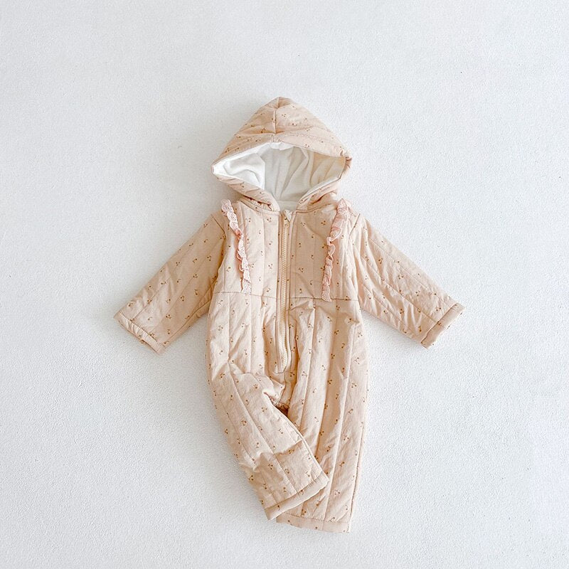 Cream cherry print quilted hooded romper