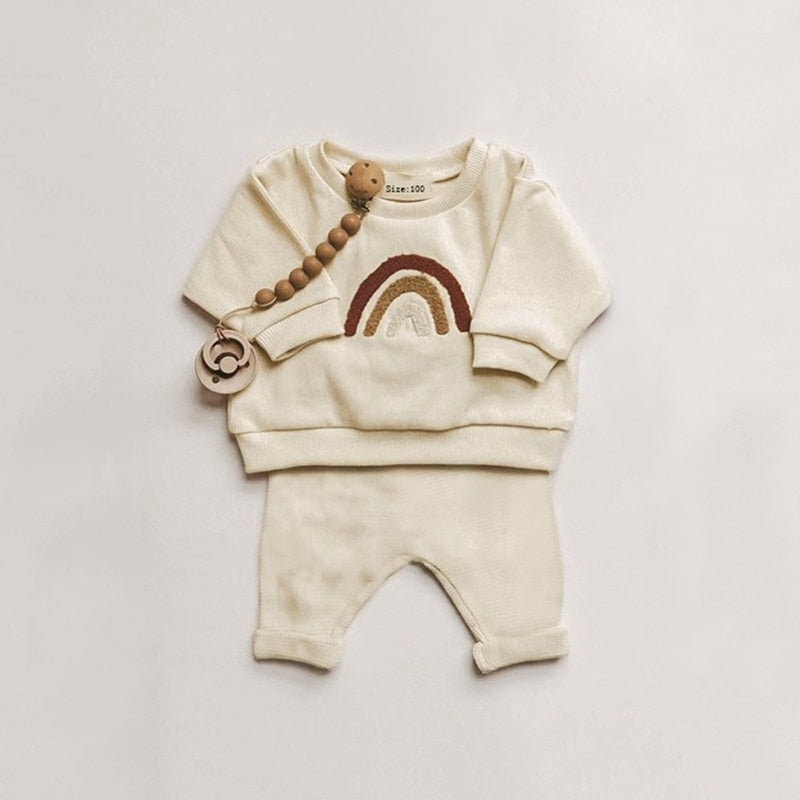 Cream rainbow embroidered set with toy