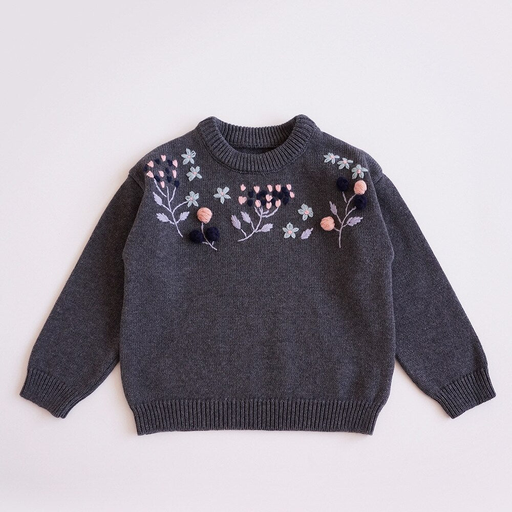 Dark grey knit pullover with floral embroidery