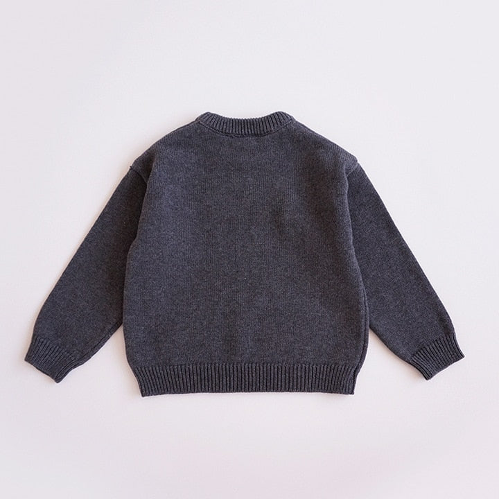 Back view of dark grey knit pullover