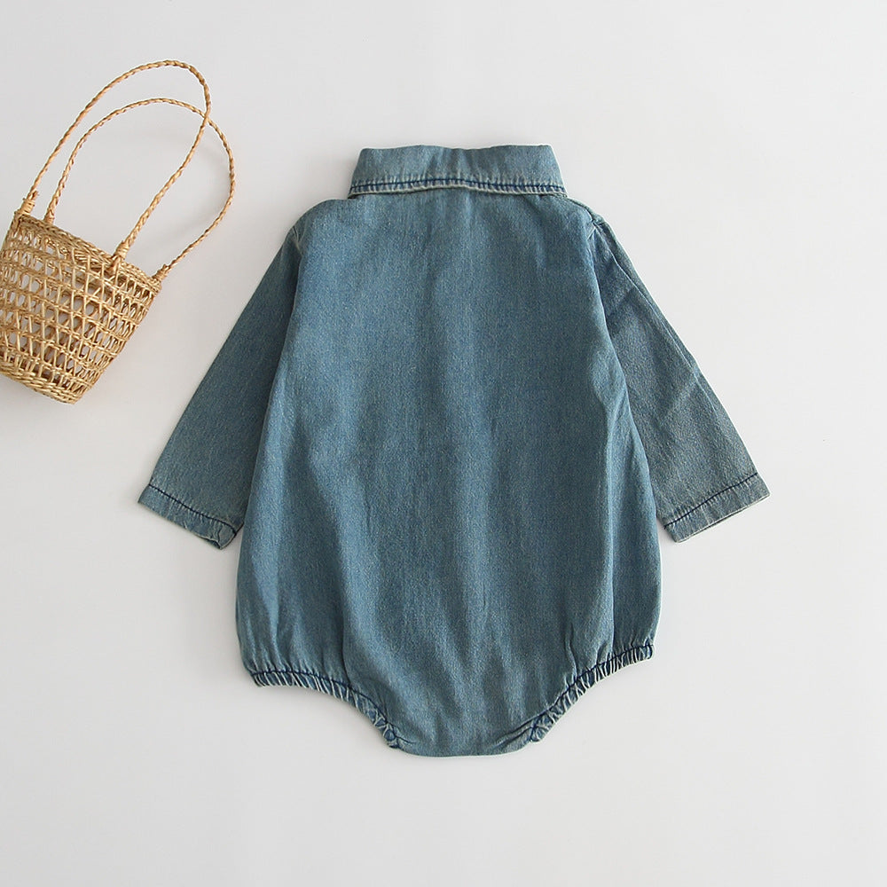 Back view of denim romper with basket