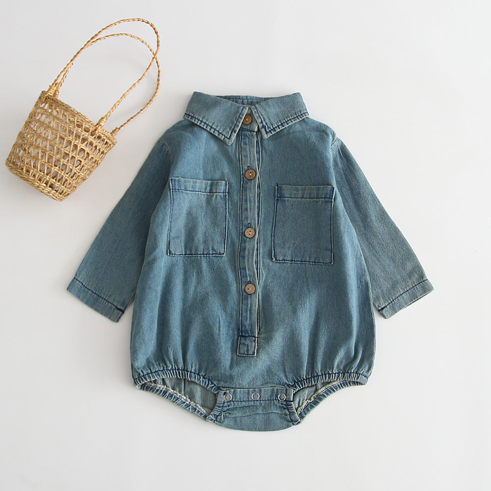 Denim collared romper with wicker basket