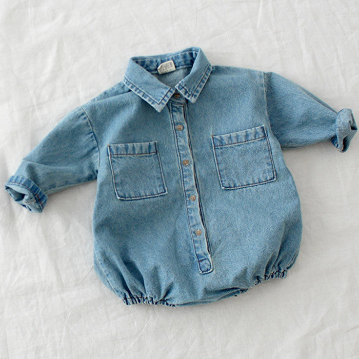 Light blue denim collared bubble romper