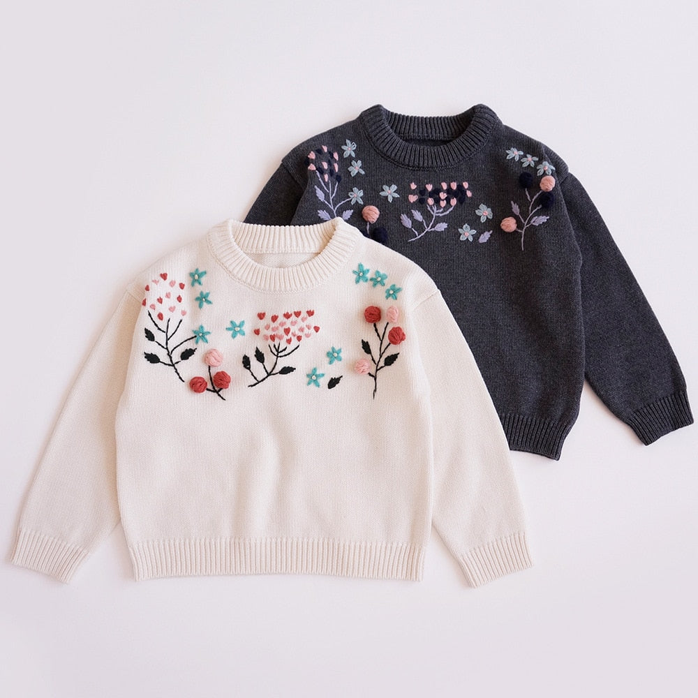 Beige and dark grey floral embroidered knit pullovers