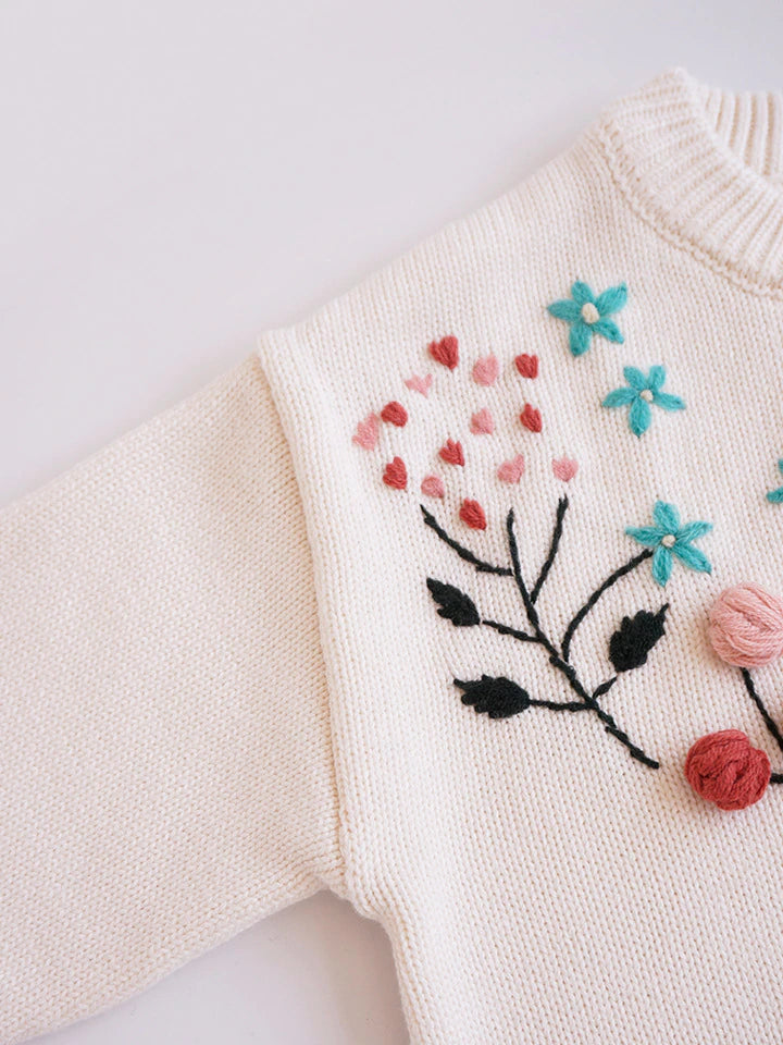 Close-up of floral embroidery near sleeve