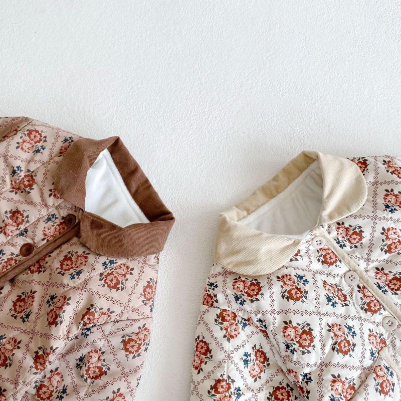 Close-up of collars on floral quilted jackets